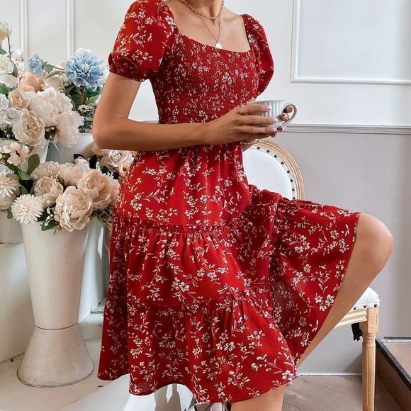 boho  Floral Print Puff Sleeve Shirred Layered Hem Dress red - Picture 5 of 5